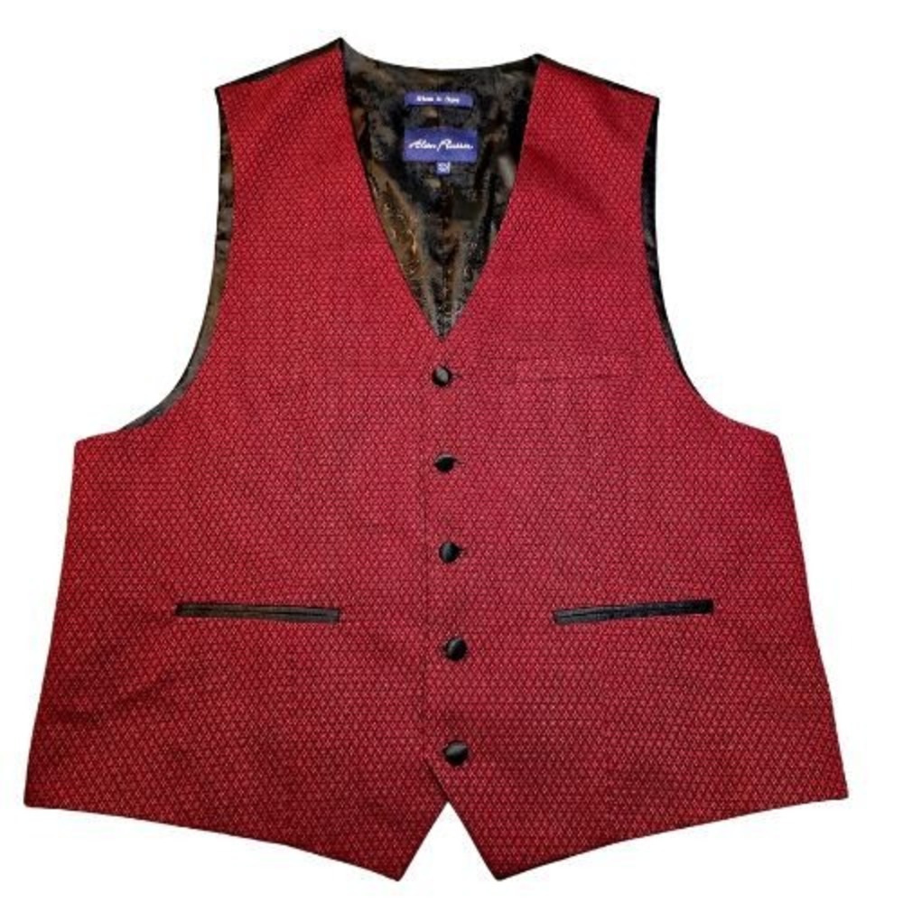 Alan Flusser Mens Red Black Diamond Pattern Formal Dress Vest Size Large L